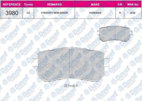 BESER 3980 Fren Balatasi Arka Wva 24320 Hyundai Accent Era 07-11 I20 08-15  I30 07-12 Ix20 10-> Ix35 10-> Sonata 10-14 Ceed 06-12 Cerato 08-> Rio 05-> Sportage 04-11